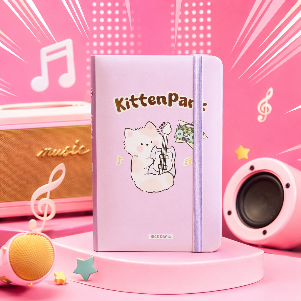 The pink notebook cover features a cat pattern of Kitten Park playing the guitar Specification image