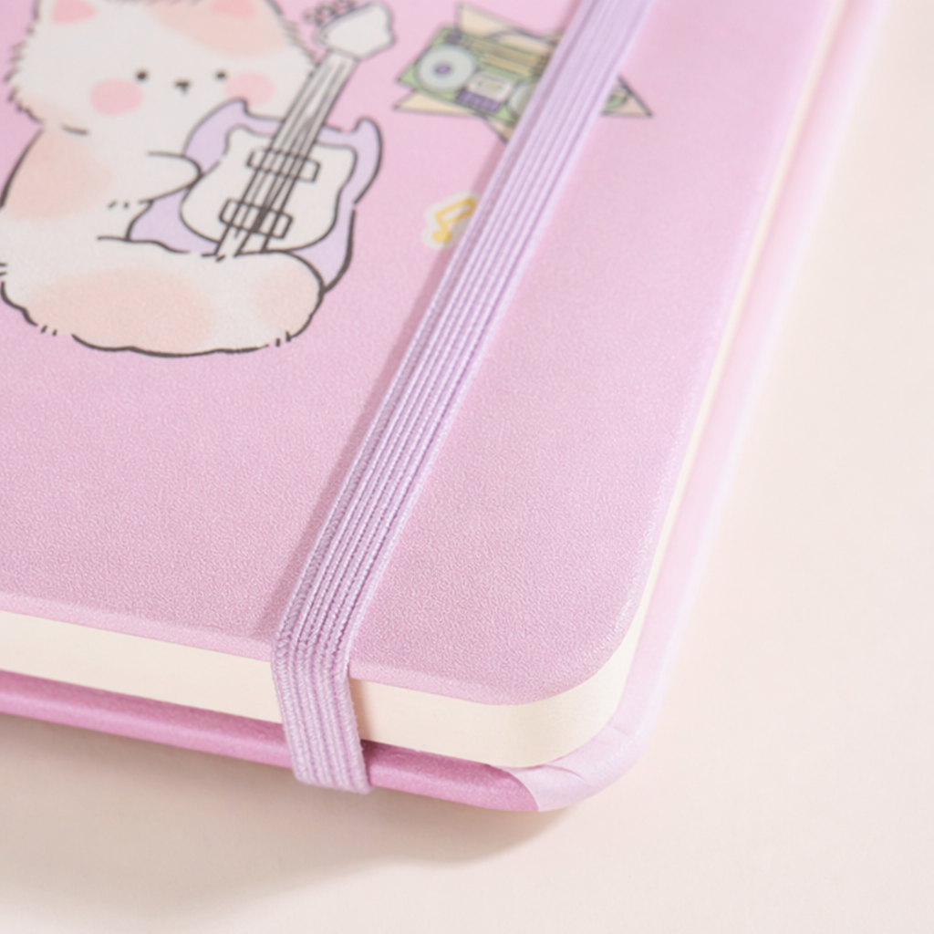 The pink notebook cover features a cat pattern of Kitten Park playing the guitar Application Scenario