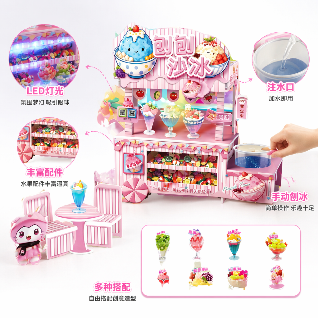 粉色创意沙冰DIY玩具摊位含配套餐具与装饰品