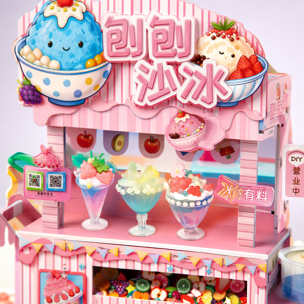 粉色创意沙冰DIY玩具摊位含配套餐具与装饰品 Application Scenario