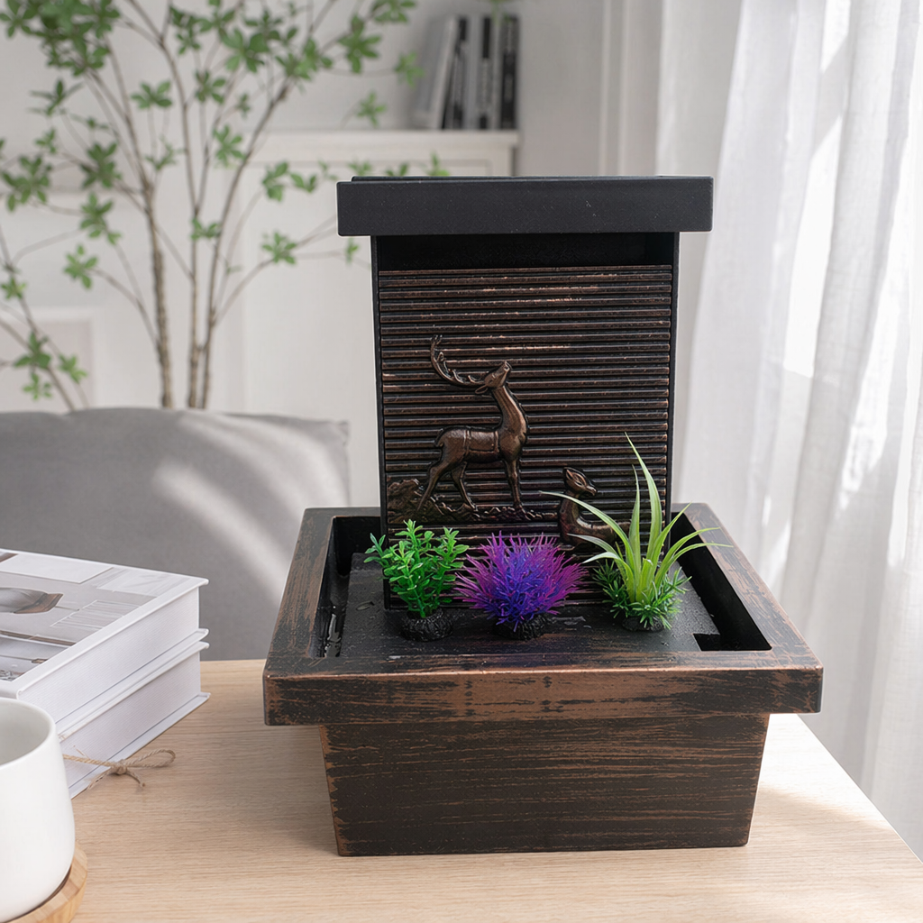 New desktop water flow decoration, office desktop fountain, indoor Zen-like wealth attraction, Double deer water flow decoration water feature details Picture