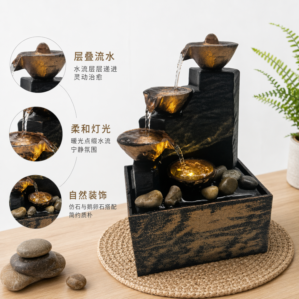 Living room, home, office, desktop, small fountain, wealth attraction, water flow ornaments, landscape decorations, craft gifts, four bowls of water flow