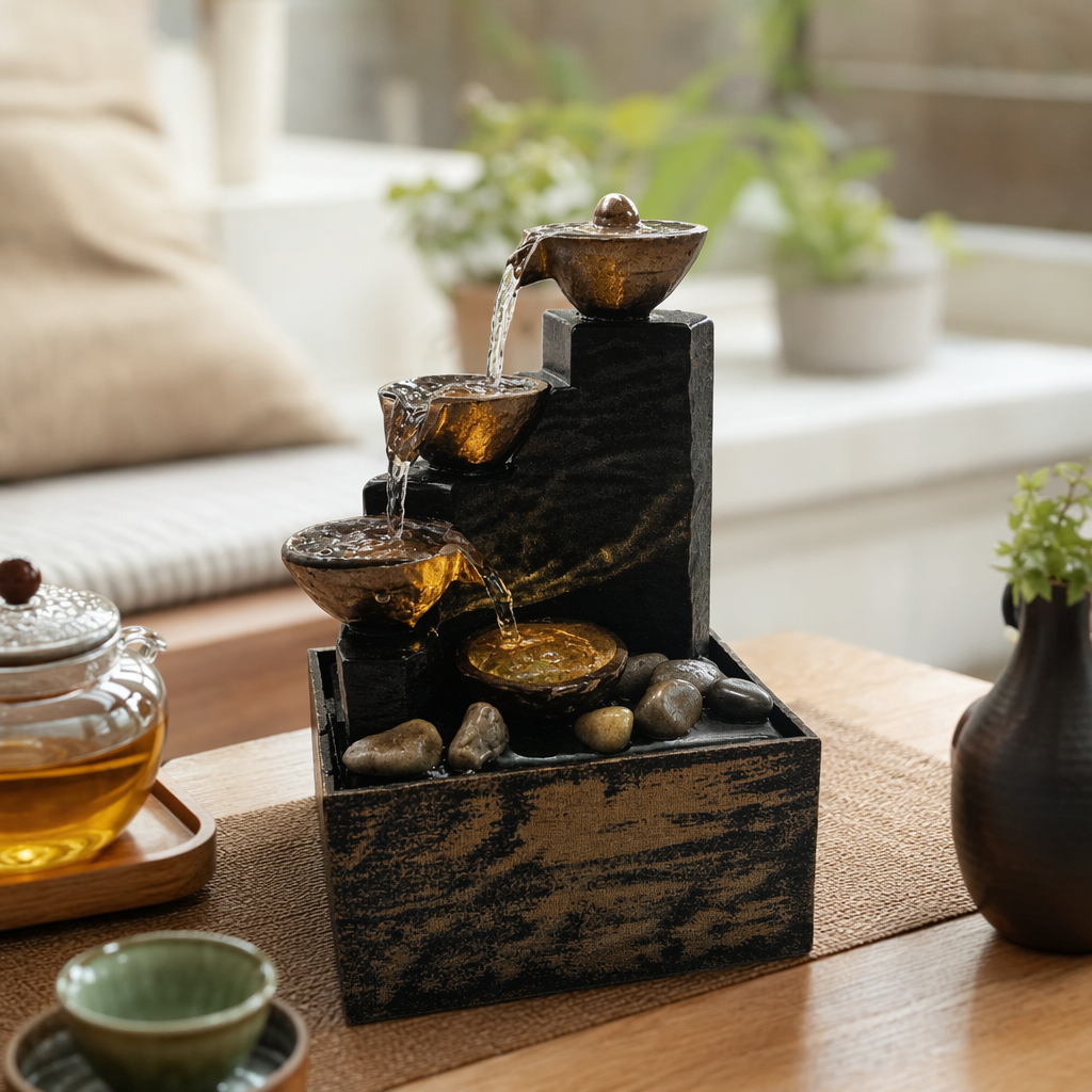 Living room, home, office, desktop, small fountain, wealth attraction, water flow ornaments, landscape decorations, craft gifts, four bowls of water flow details Picture