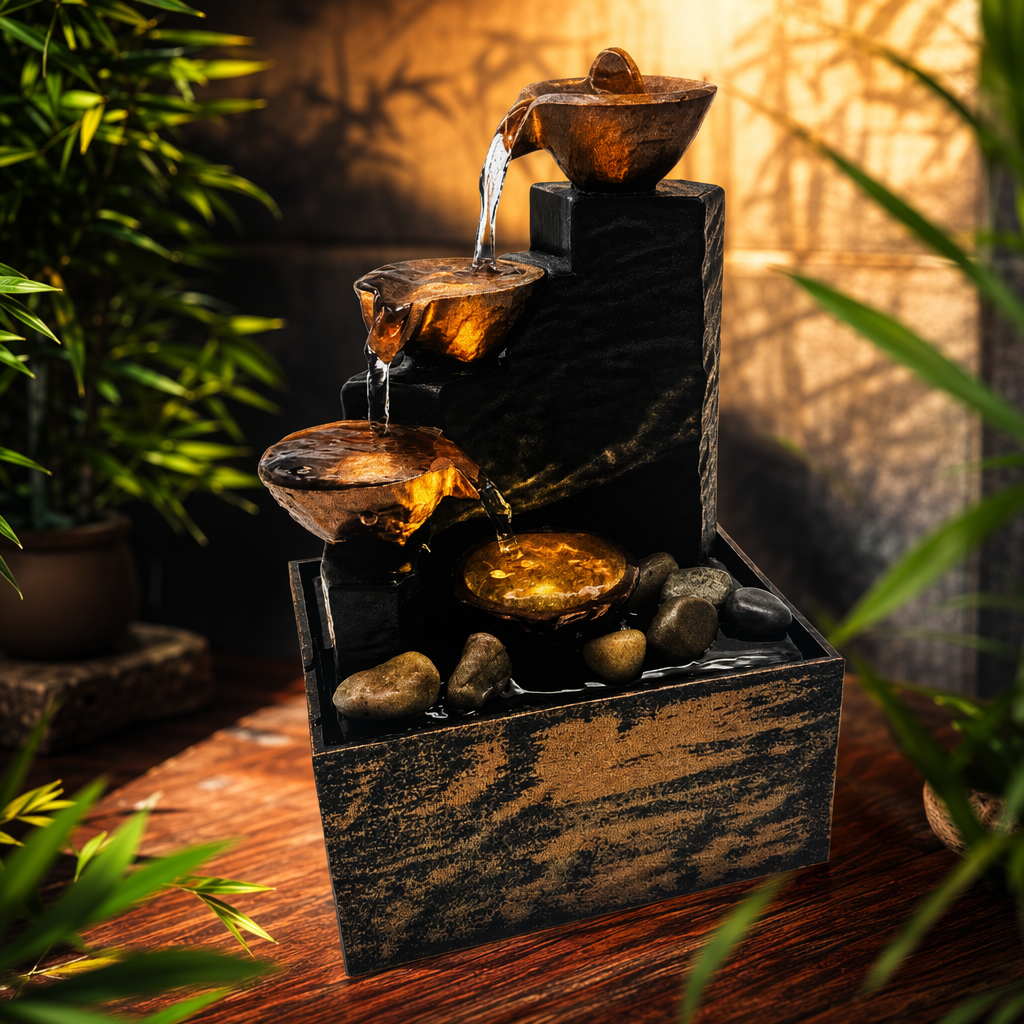 Living room, home, office, desktop, small fountain, wealth attraction, water flow ornaments, landscape decorations, craft gifts, four bowls of water flow Specification image