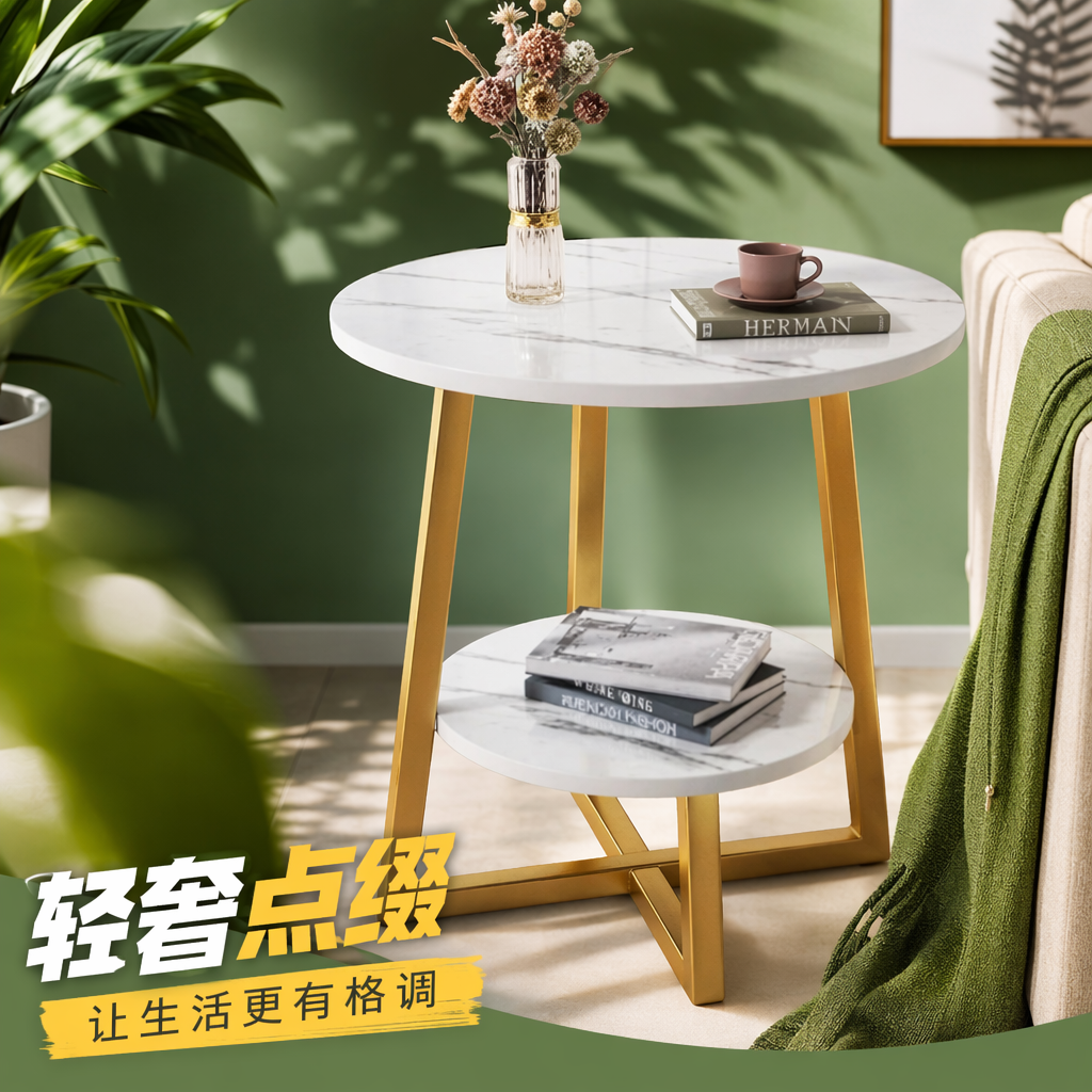 白色大理石纹圆桌配金色金属支架细节图