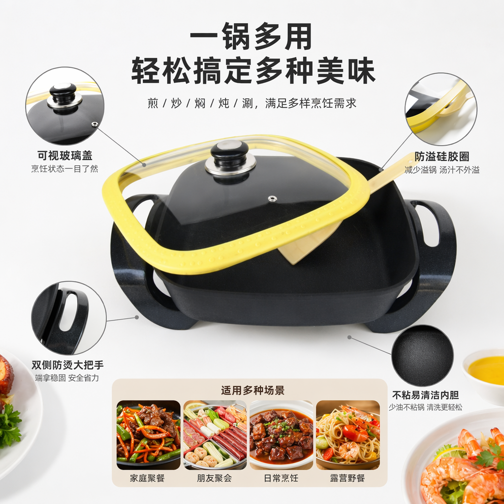 黑色电锅配黄色边框透明盖 家用多功能智能电热锅