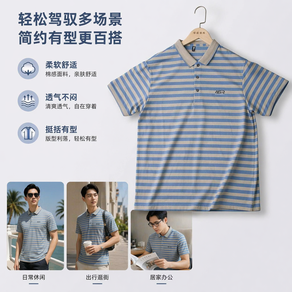 蓝灰条纹Polo衫男短袖纯棉休闲上衣
