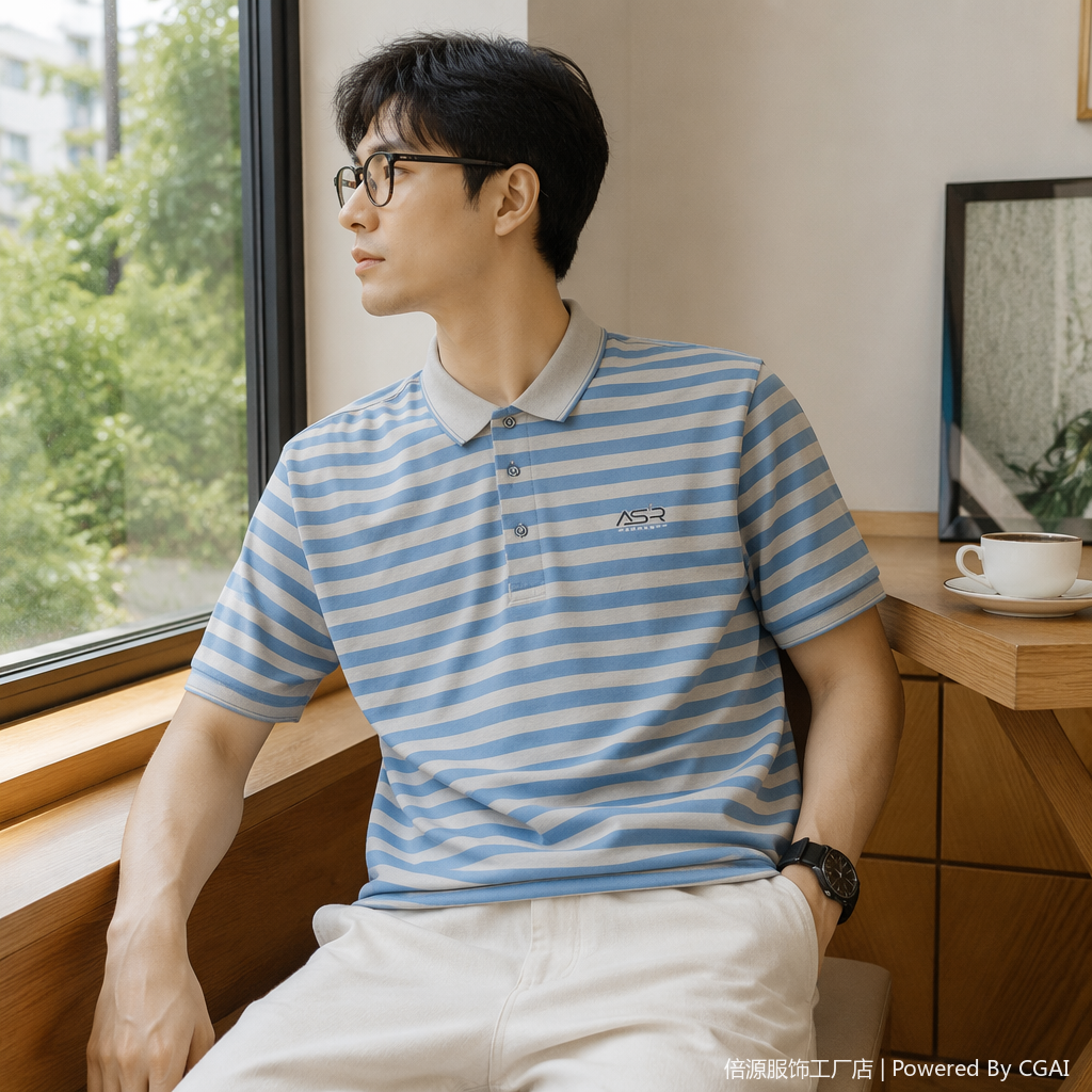 蓝灰条纹Polo衫男短袖纯棉休闲上衣详情3