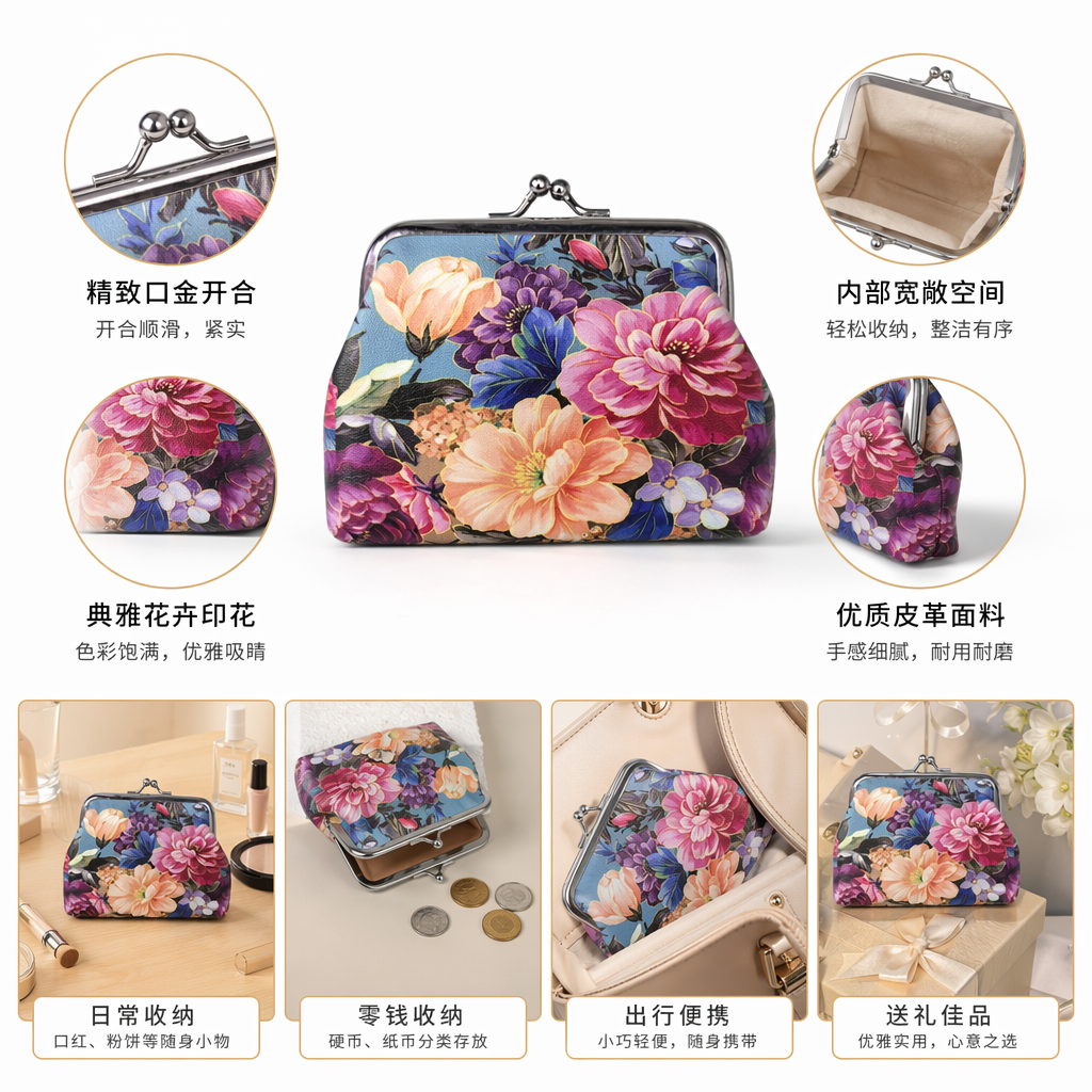 彩色花卉图案零钱包 女士小巧便携式收纳钱包