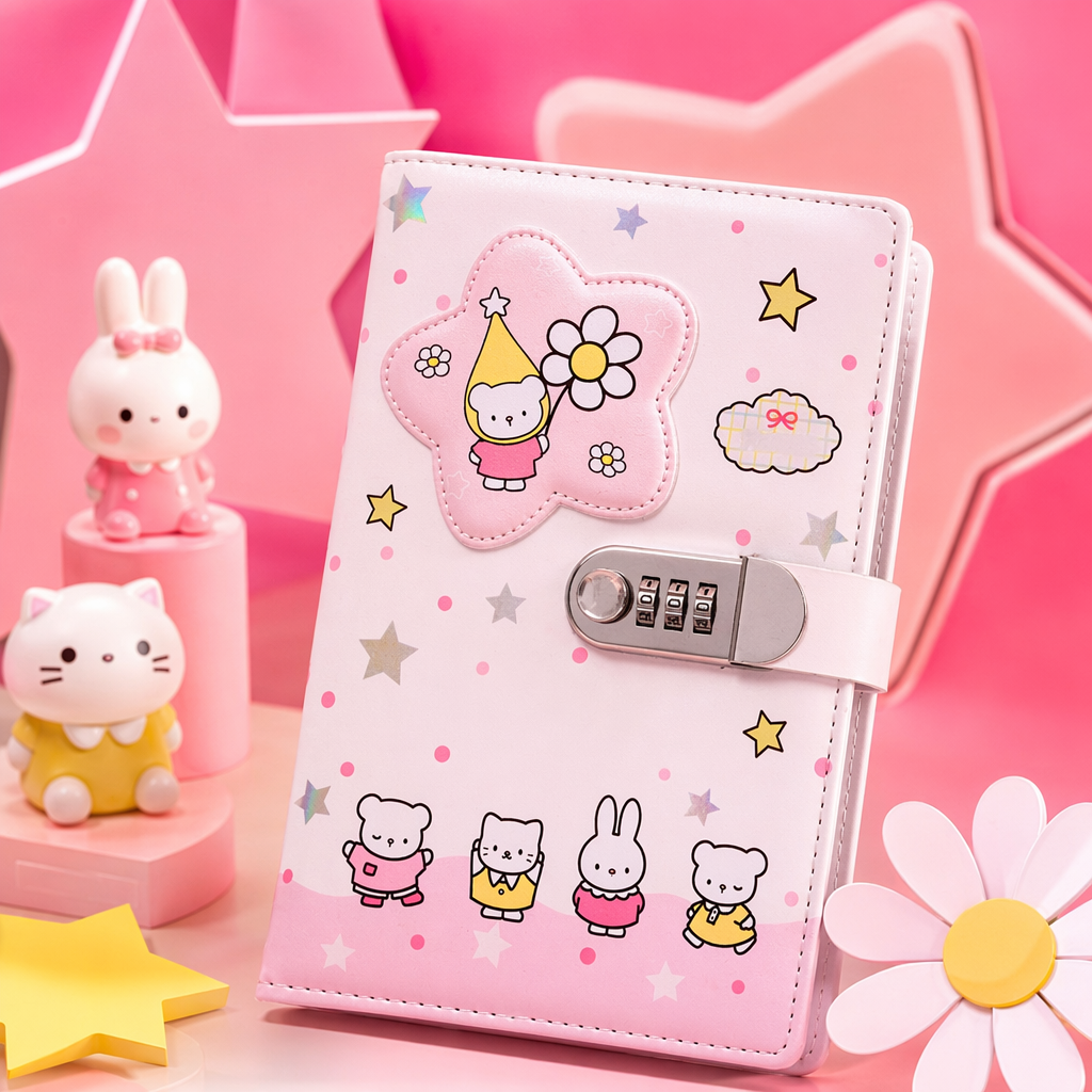 粉色卡通密码本 小熊花朵星星Friends金属密码锁配动物贴纸 Specification image