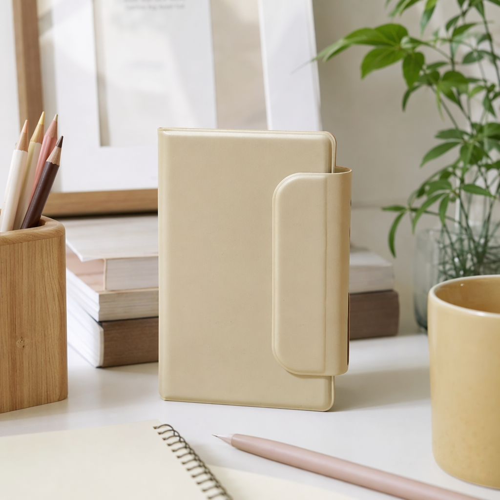 Beige minimalist style notebook A5-sized with horizontal lines on the inner pages and a leather cover, a business notepad details Picture