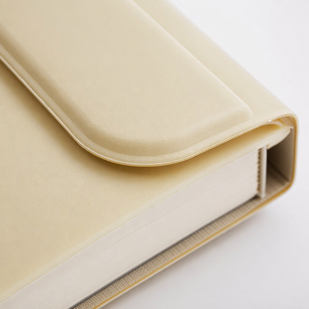 Beige minimalist style notebook A5-sized with horizontal lines on the inner pages and a leather cover, a business notepad Application Scenario