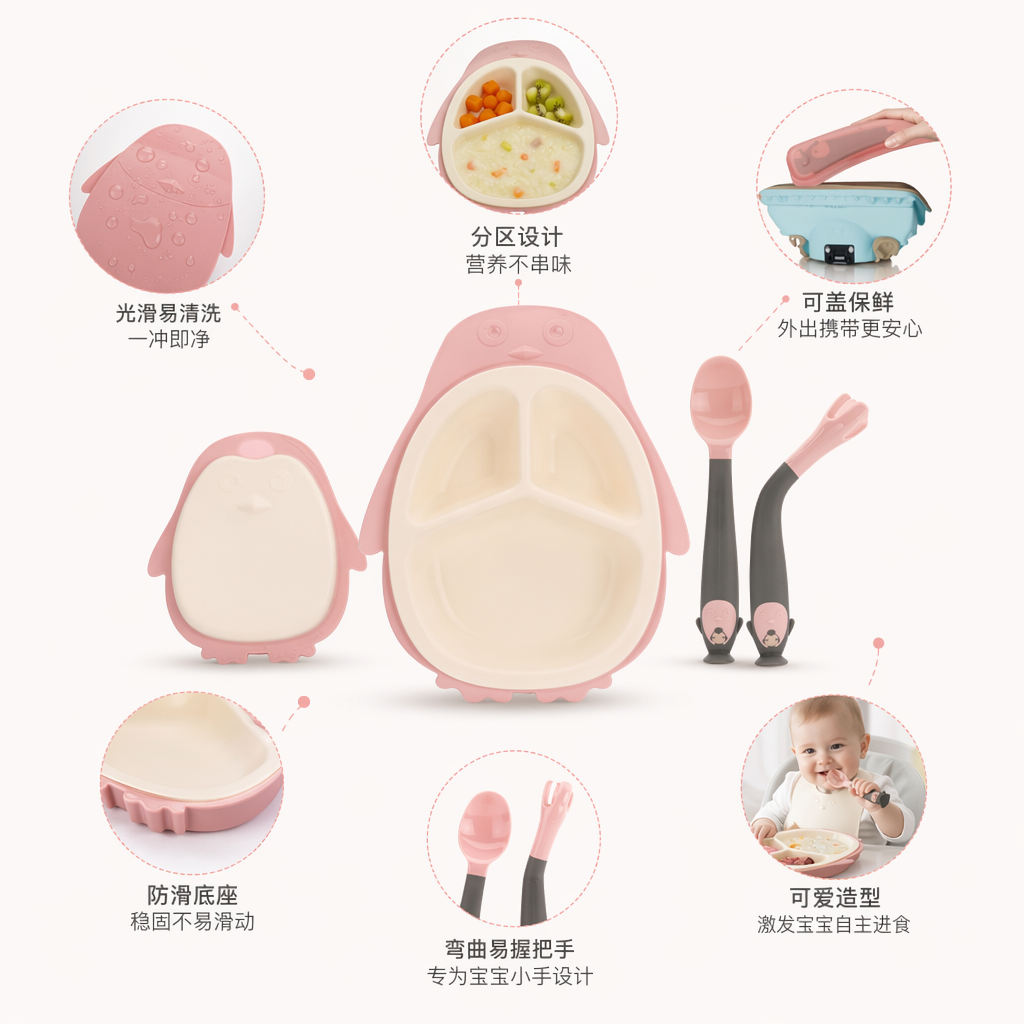 粉色企鹅造型儿童餐盘餐具套装含勺叉碗安全环保硅胶