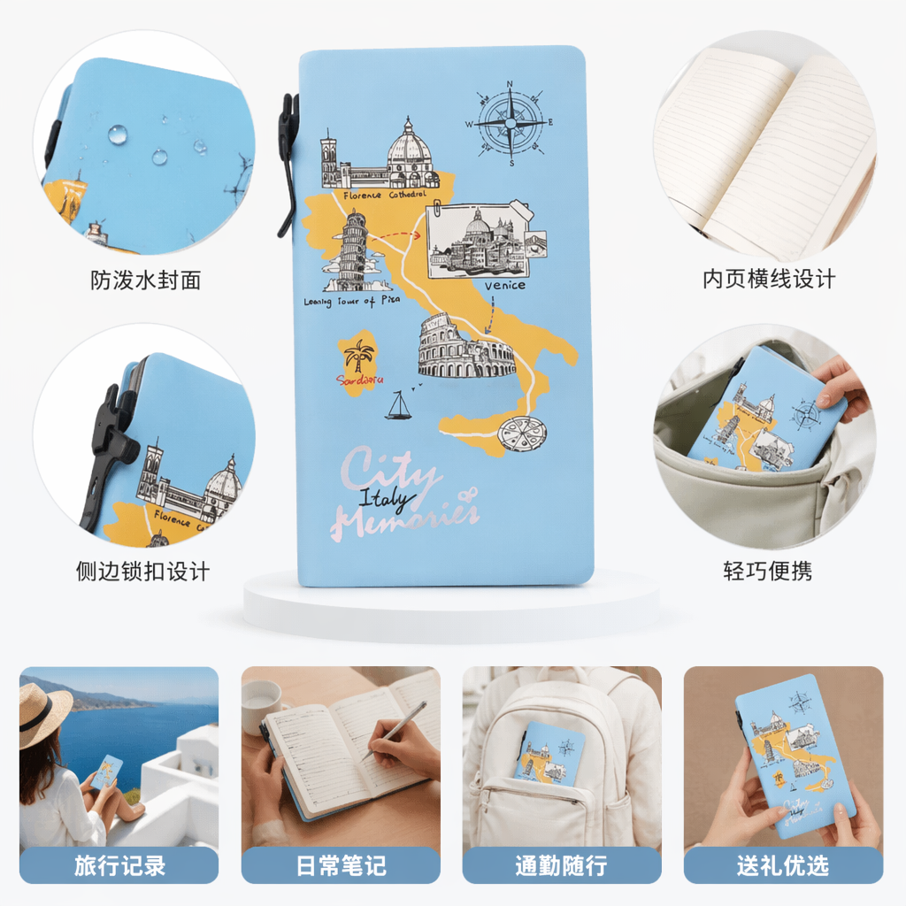 浅蓝色意大利城市地标插画旅行笔记本 City Italy Memories 白色键盘场景