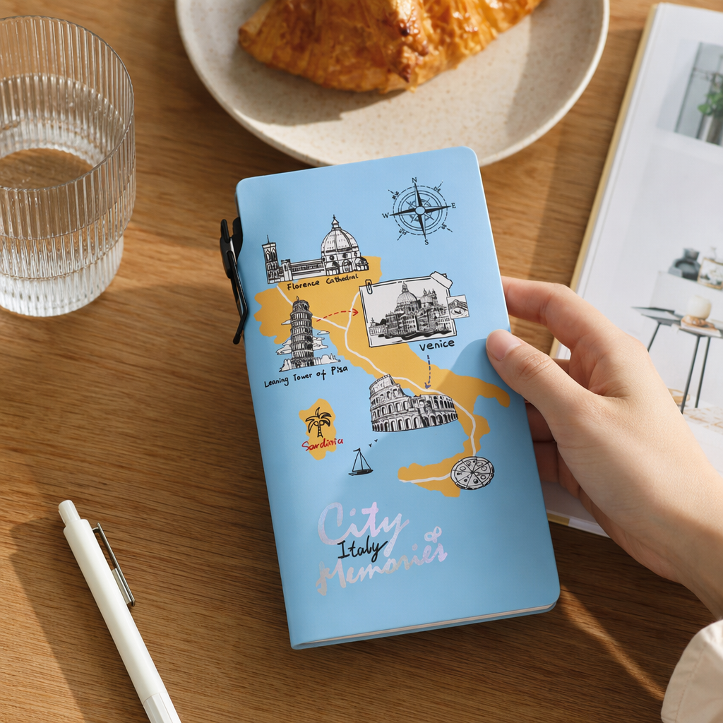 Light blue Italian City landmark illustration travel notebook City Italy Memories White keyboard scene details Picture