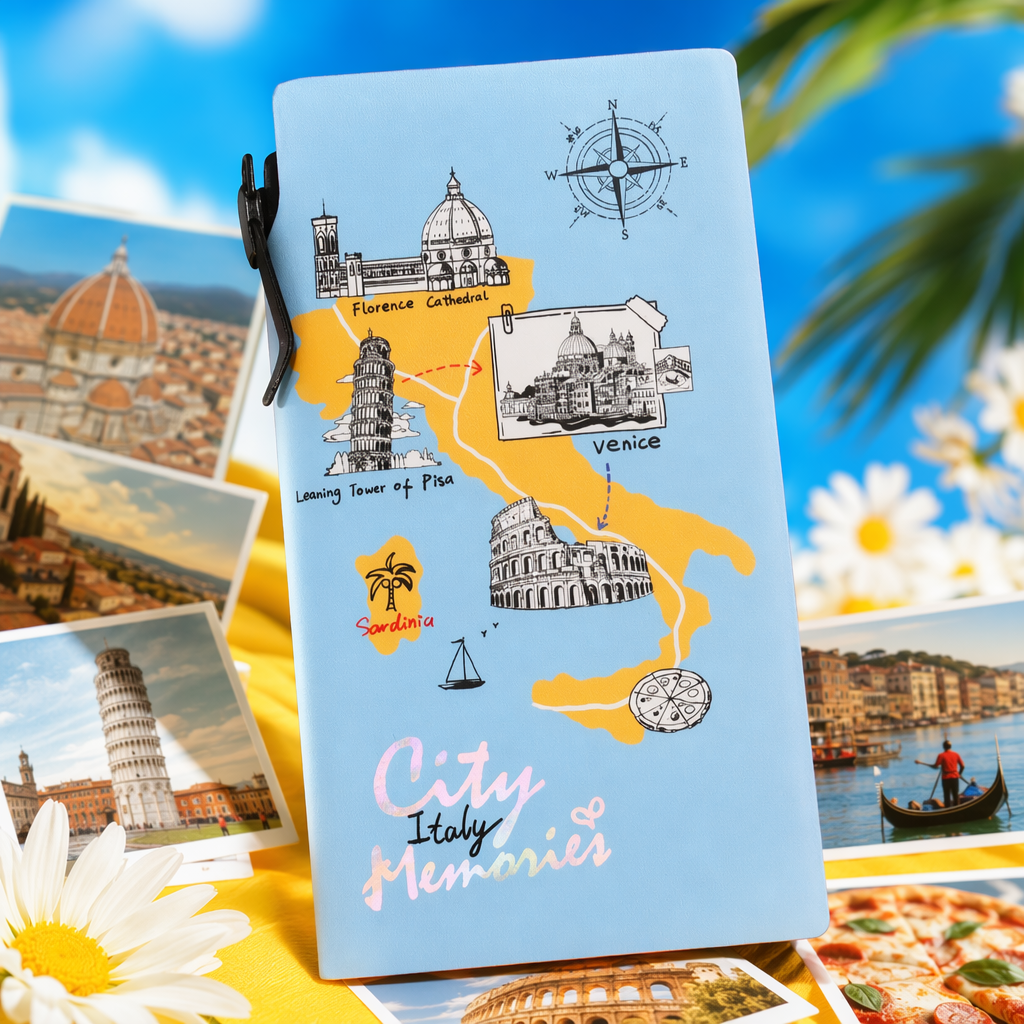 Light blue Italian City landmark illustration travel notebook City Italy Memories White keyboard scene Specification image