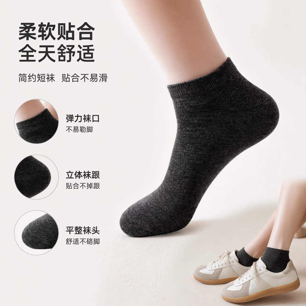 灰色短筒男袜纯棉吸汗透气商务休闲运动袜