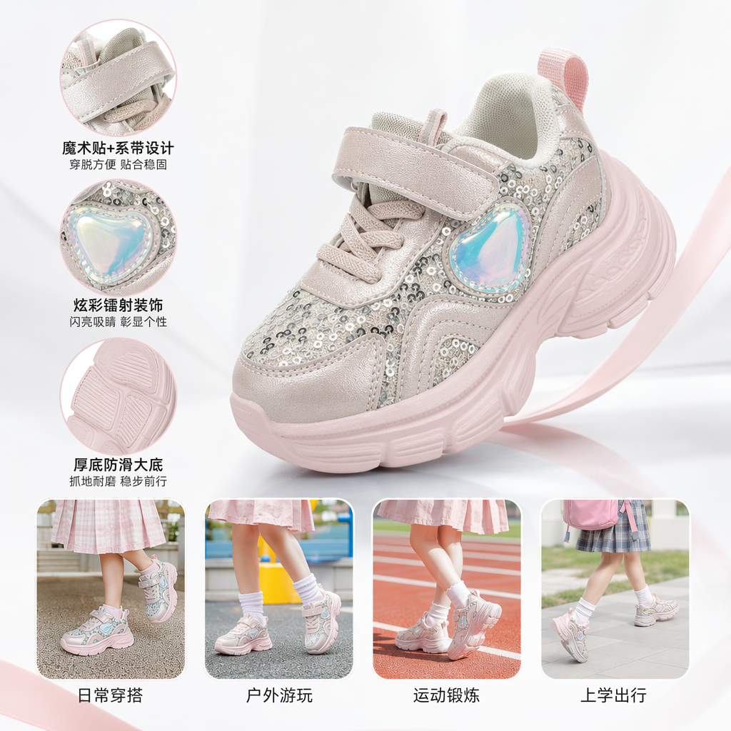 粉色亮片心形装饰厚底运动鞋