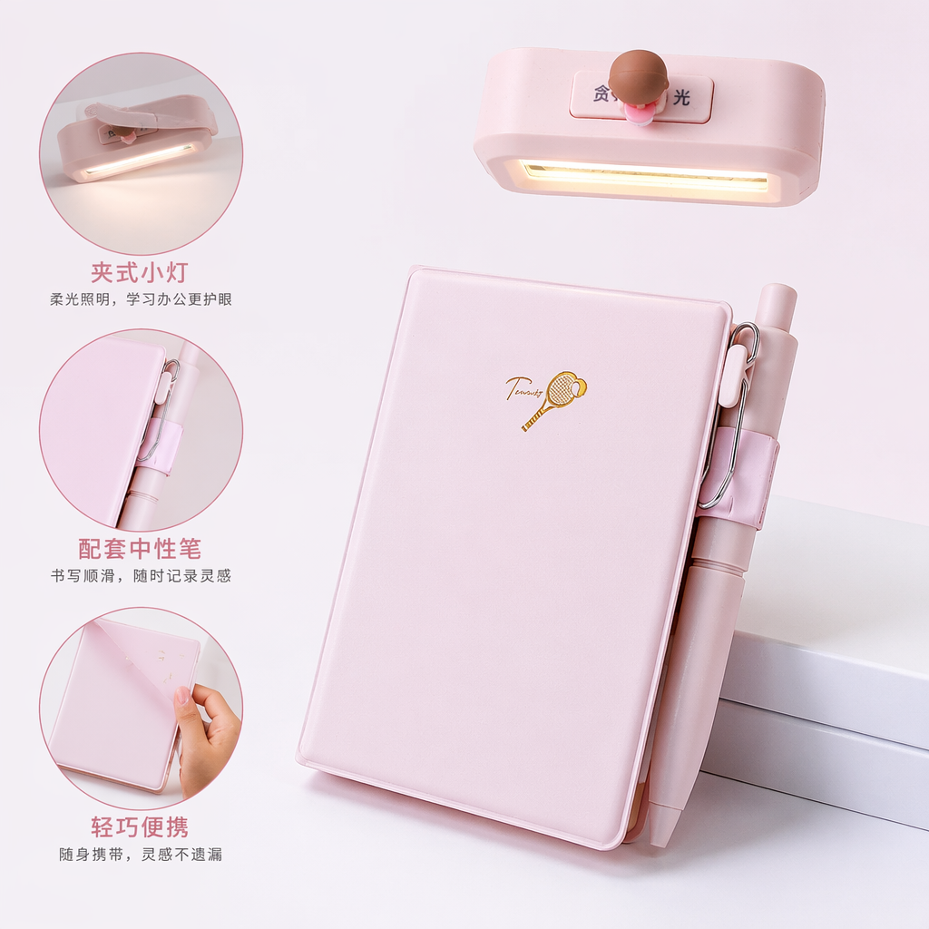 Pink notebook with pen, pink seal, white lace fabric, wooden desktop, silver butterfly, white star pendant
