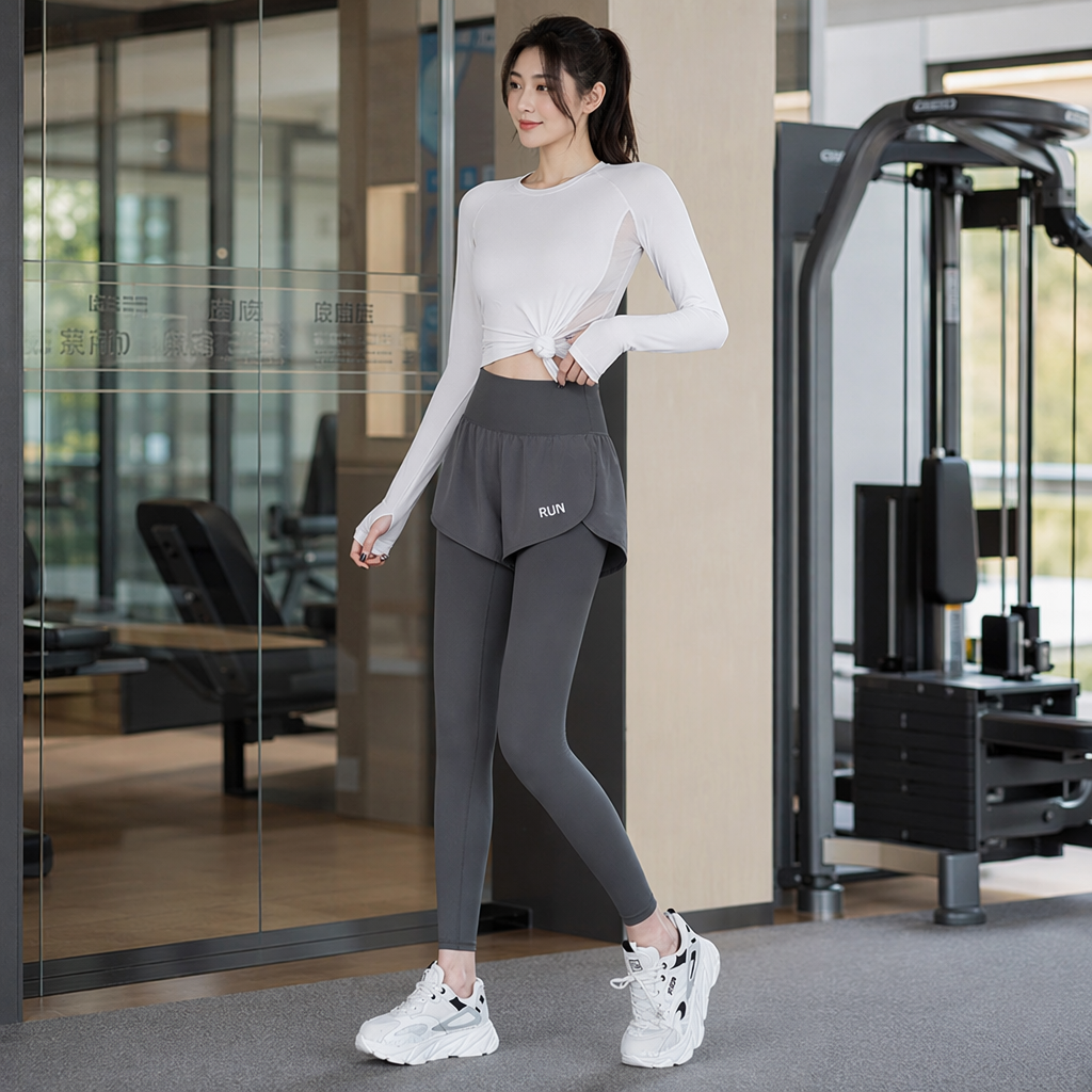 A casual, loose and slimming two-piece grey sportswear skirt set for women details Picture