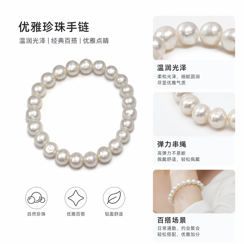 白色珍珠手链 女款简约天然淡水珍珠饰品 优雅百搭