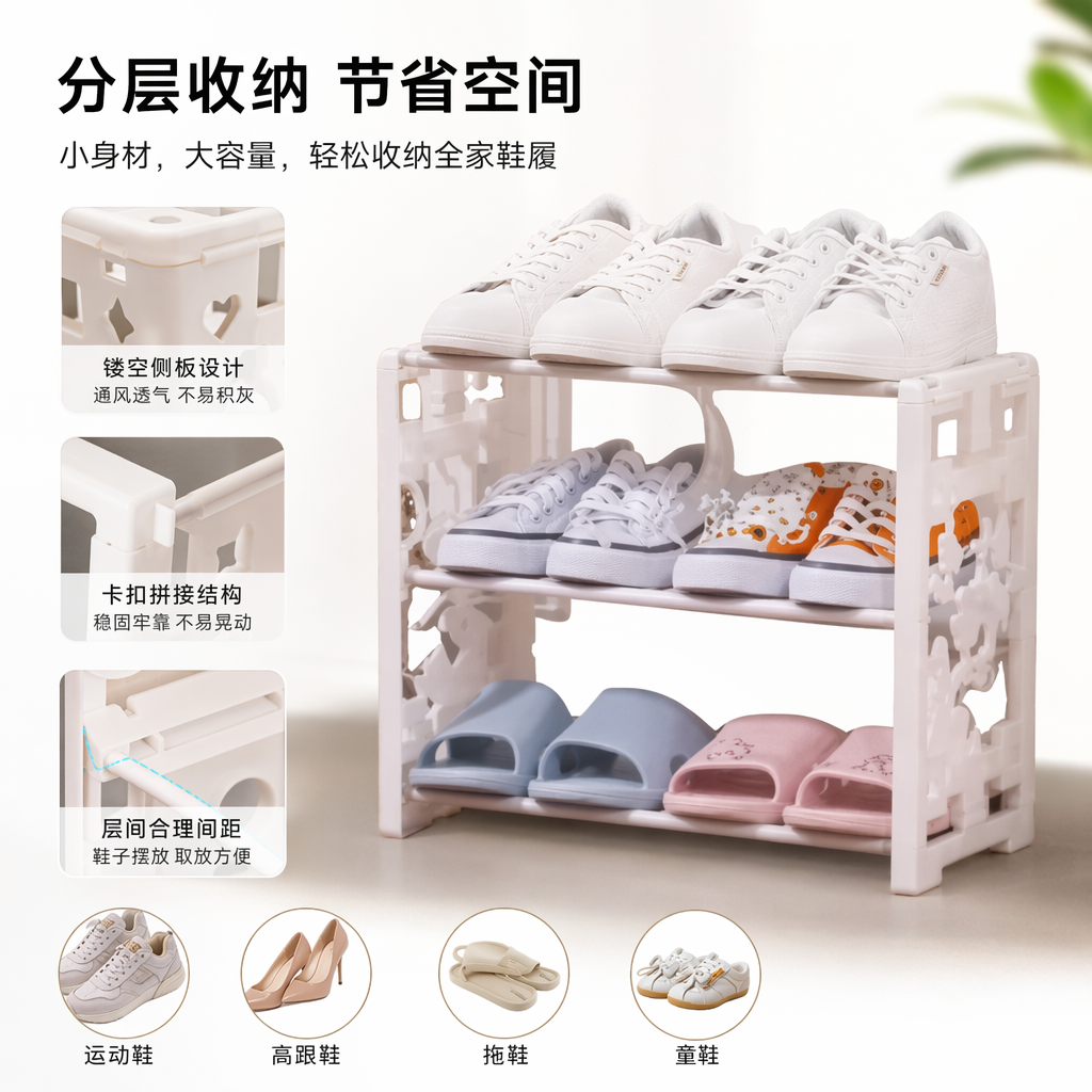 白色镂空鞋架家用免打孔可伸缩多层收纳整理神器