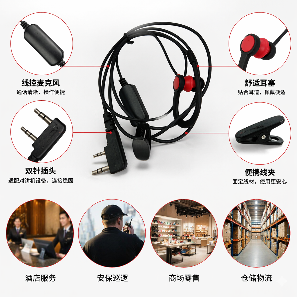 The dual-pin K-head ear-hanging walkie-talkie headphones feature a black headphone cable with red earplugs and a dual-plug connector