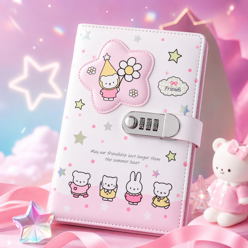 粉色卡通小熊花朵星星密码锁笔记本 Friends友谊主题夏日限定 Specification image