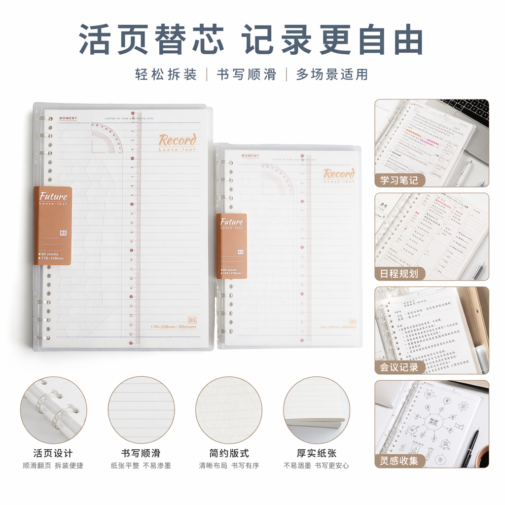 米色螺旋装订笔记本 带刻度尺量角器图案 学生办公文具