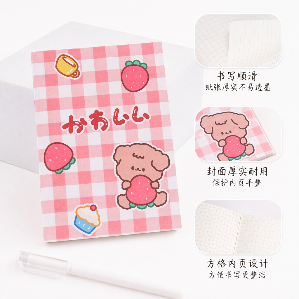 粉色格子背景卡通小熊抱草莓贴纸卡片创意手账装饰用品
