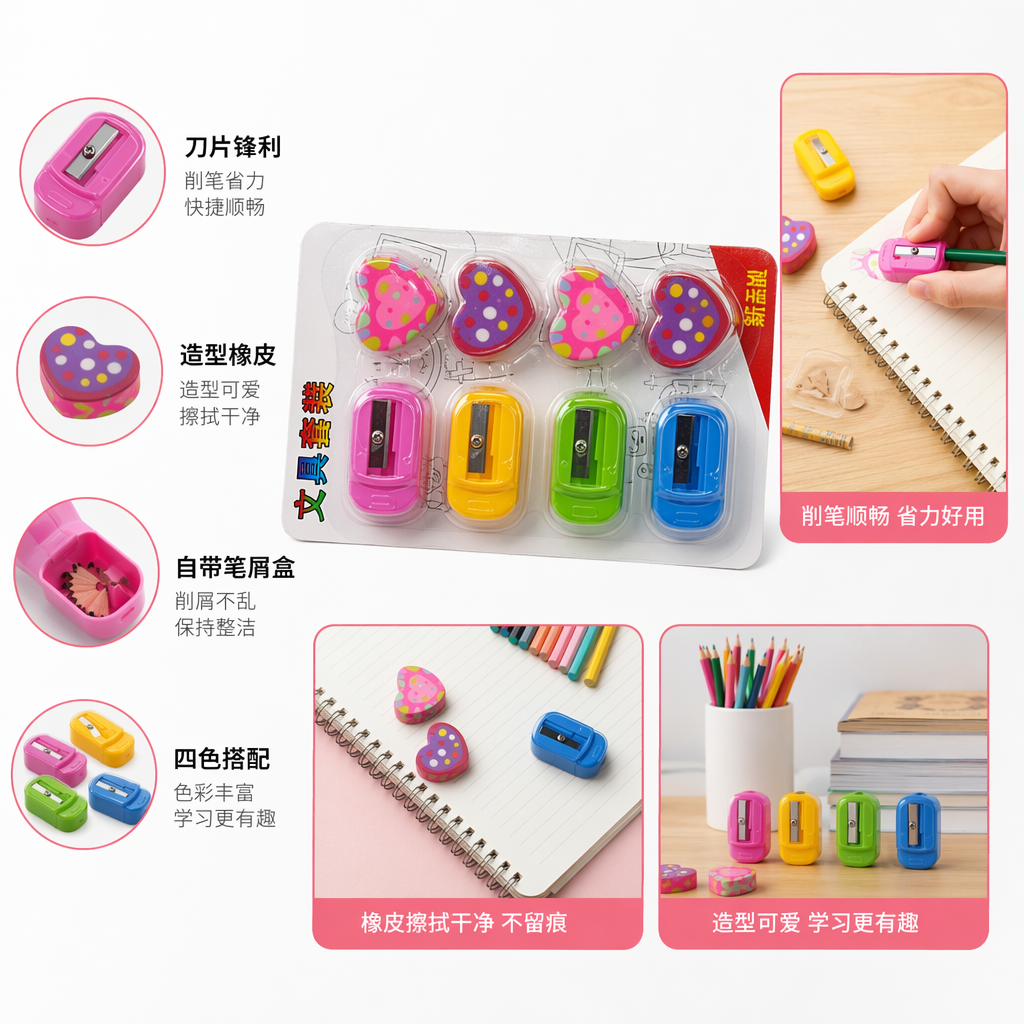 彩色心形文具套装含四把迷你卷笔刀四块心形橡皮擦