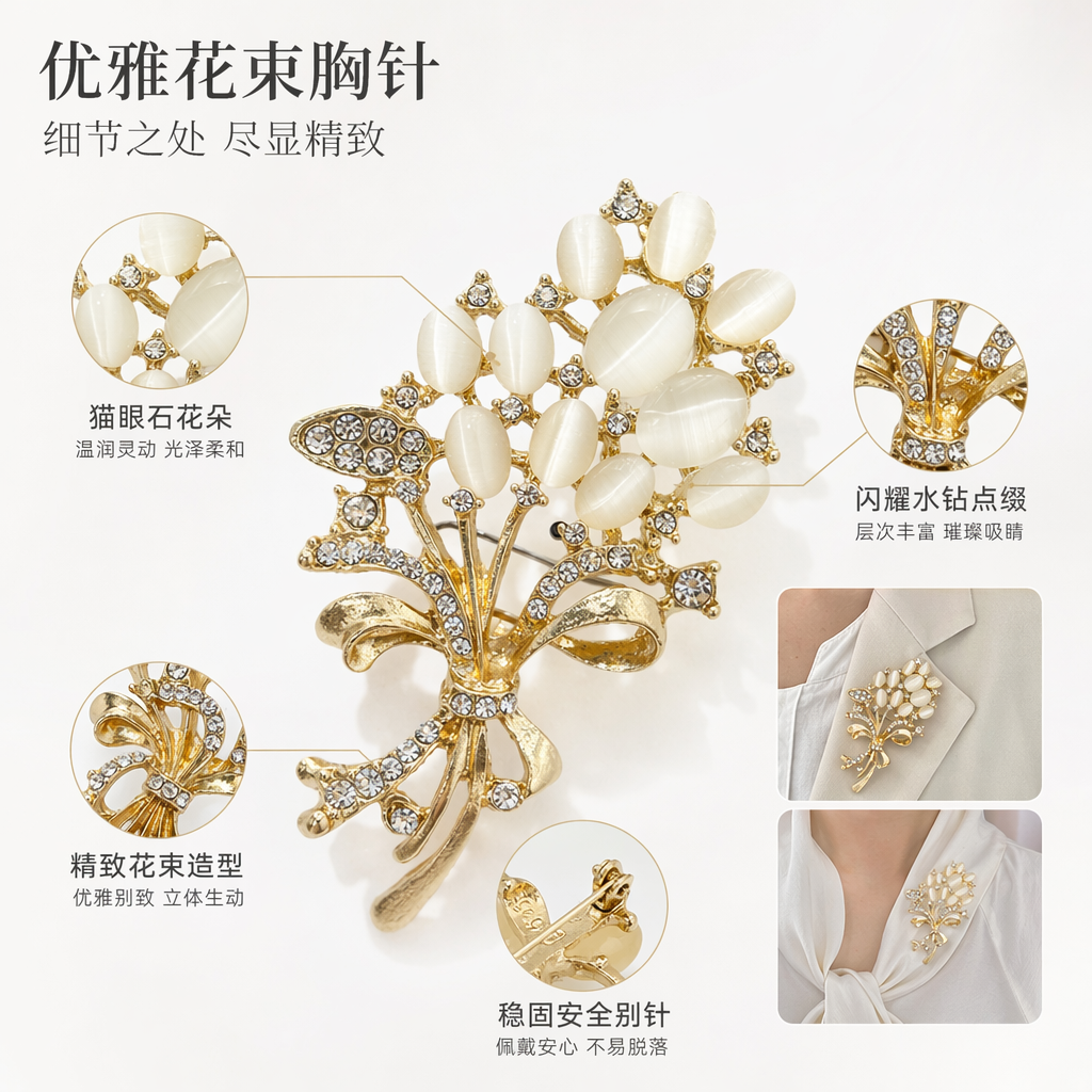 金色花束造型胸针镶嵌猫眼石水钻精致女士配饰