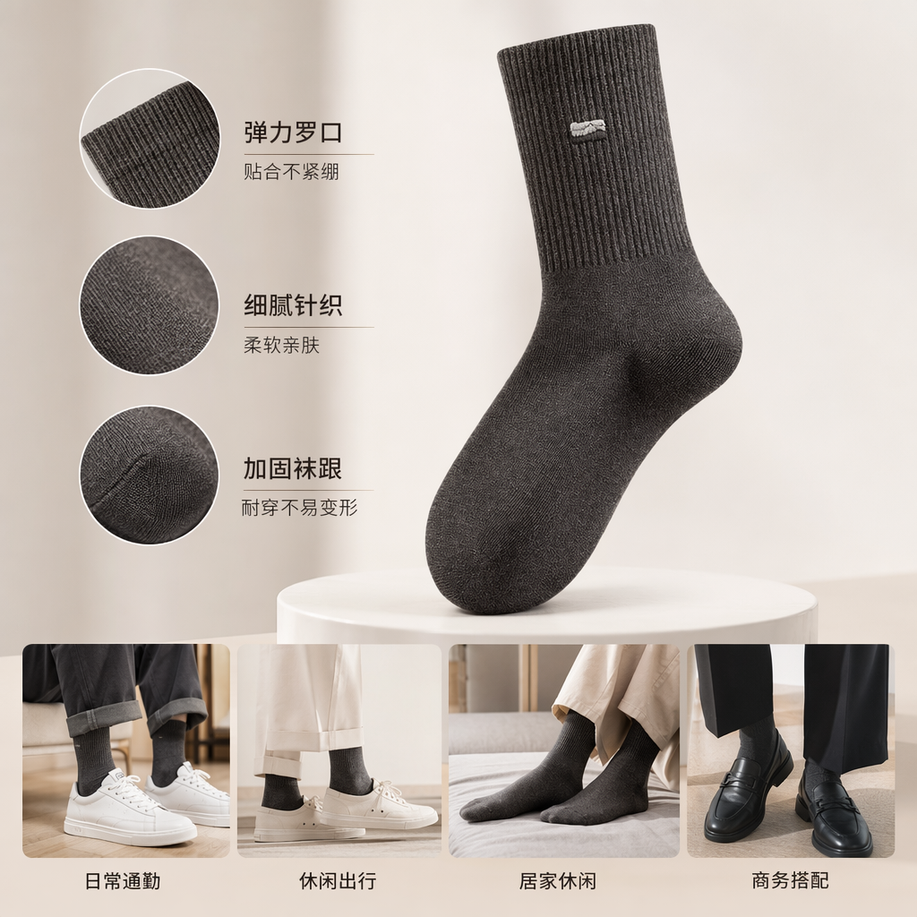 深麻灰纯棉男士中筒袜 舒适透气吸汗防臭