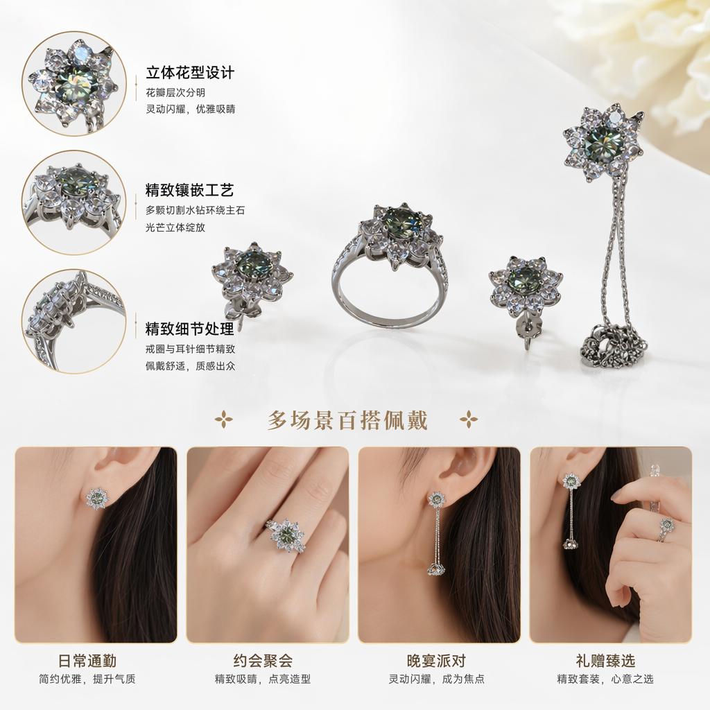 全银花形珠宝套装戒指耳钉项链条吊坠