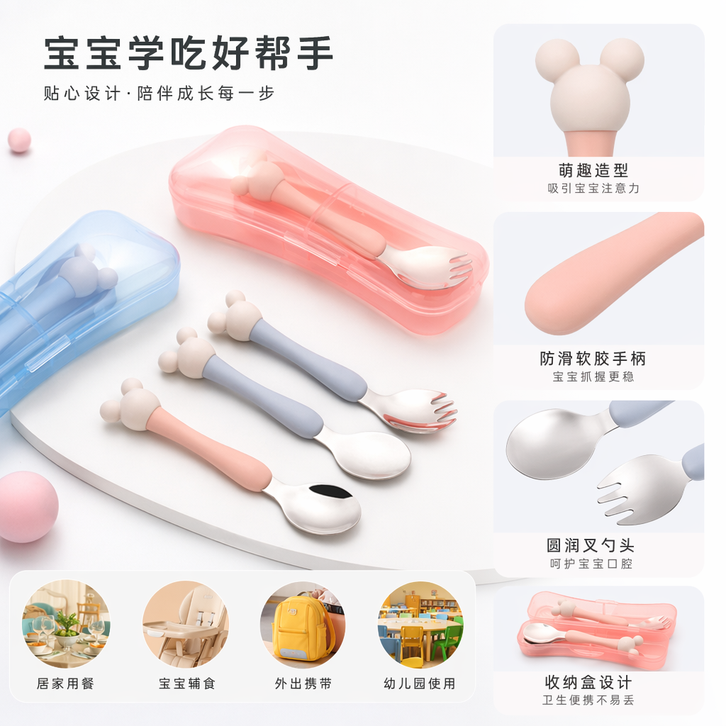 粉色蓝色米奇头手柄儿童餐具套装含勺叉收纳盒