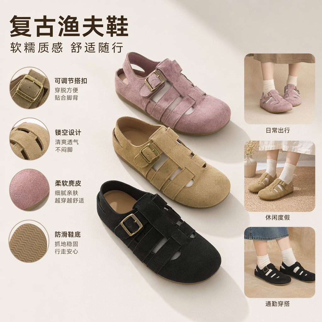粉色米色黑色绒面凉鞋女夏季透气舒适百搭