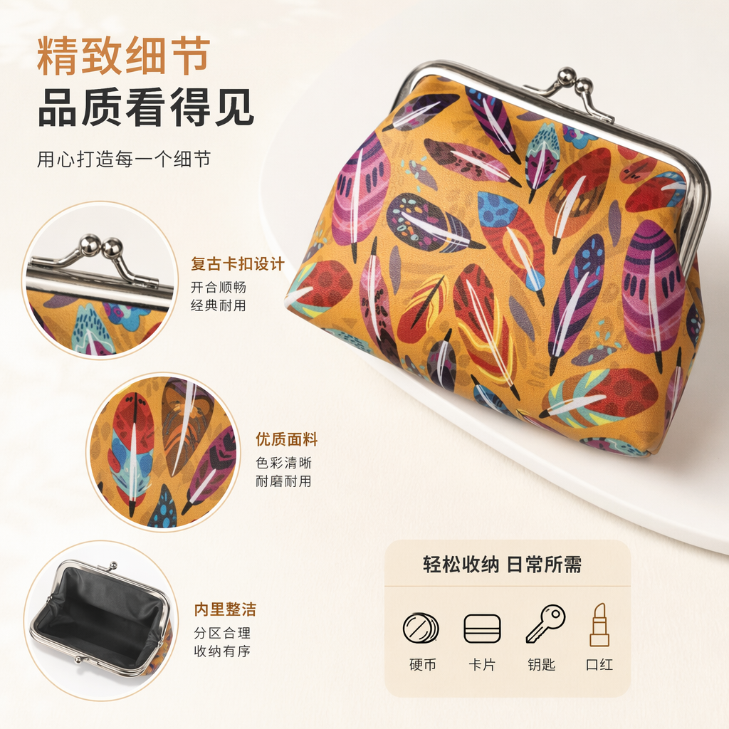 彩色羽毛图案零钱包 女款小巧便携时尚收纳小物