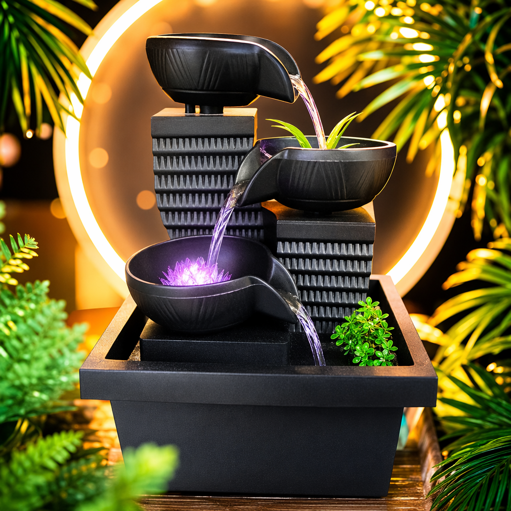 New desktop water flow decorative items, office desktop fountain, indoor Zen-like wealth-attracting water flow decoration, three bowls Specification image