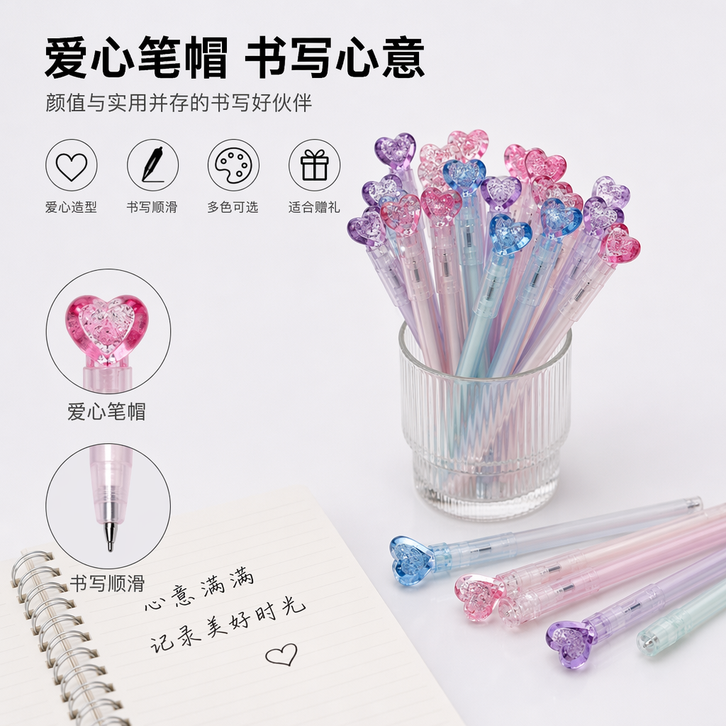 彩色心形笔帽中性笔套装 书写顺滑速干墨水