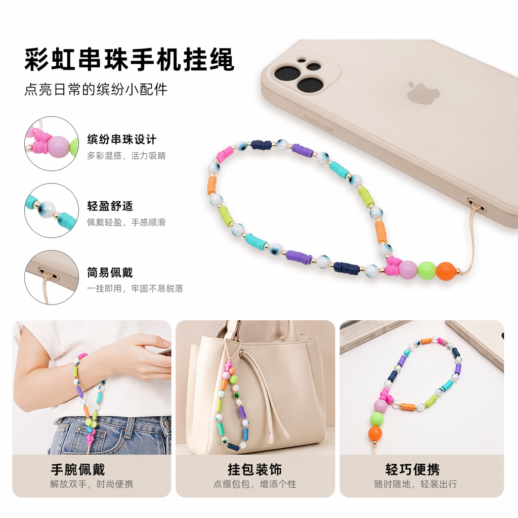 彩色珠子手机挂绳时尚个性防丢手链式挂饰