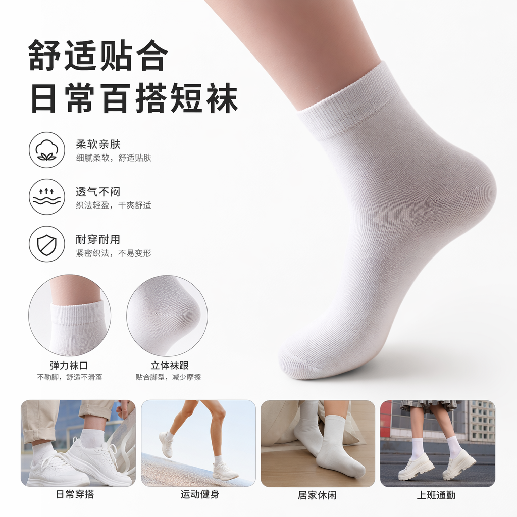 白色中筒男袜纯棉吸汗透气商务休闲运动袜