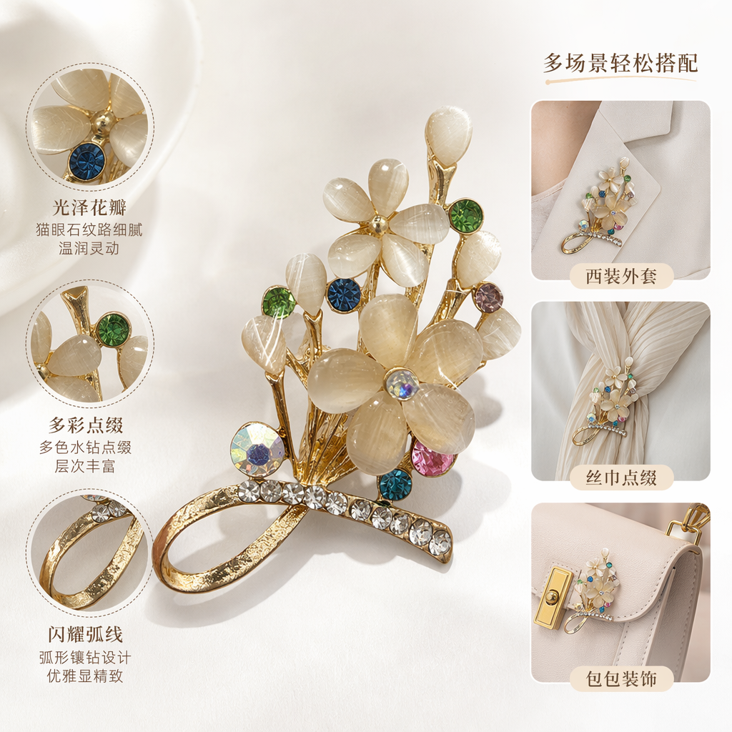 金色花朵胸针 米白色花瓣 彩色水钻蝴蝶结装饰