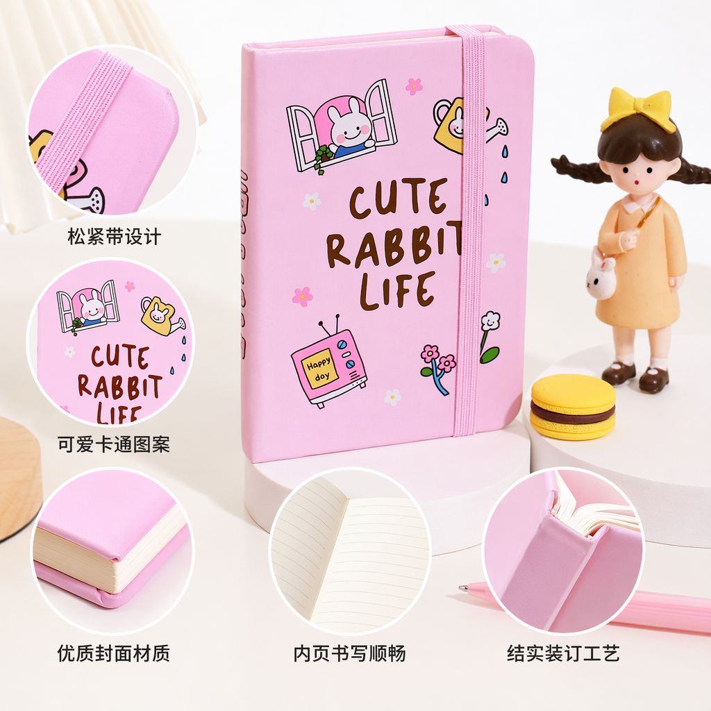 Pink CUTE RABBIT LIFE Cartoon Rabbit TV Flower notebook with pink elastic strap