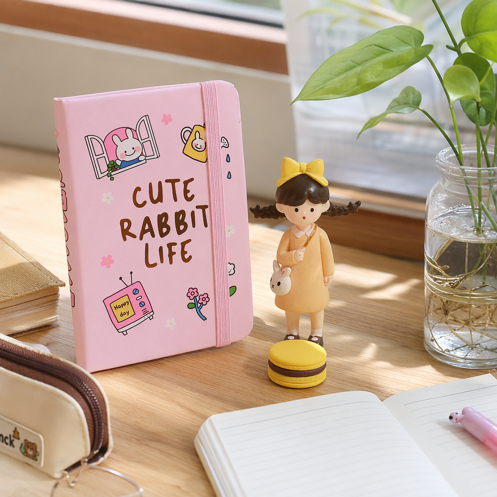 Pink CUTE RABBIT LIFE Cartoon Rabbit TV Flower notebook with pink elastic strap details Picture