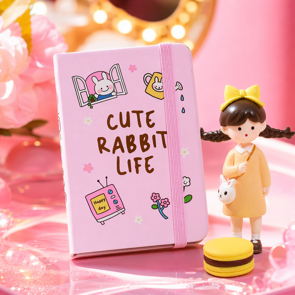 Pink CUTE RABBIT LIFE Cartoon Rabbit TV Flower notebook with pink elastic strap Specification image