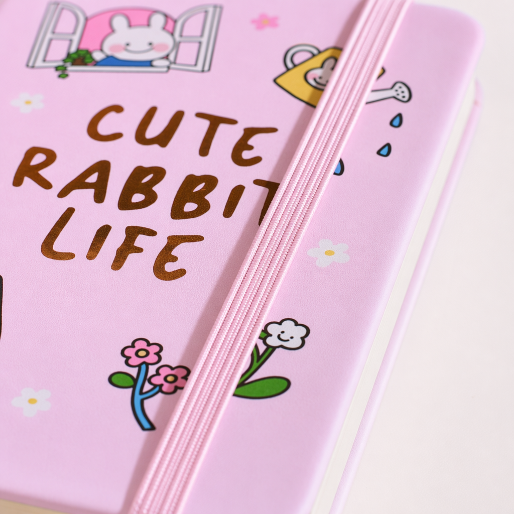 Pink CUTE RABBIT LIFE Cartoon Rabbit TV Flower notebook with pink elastic strap Application Scenario