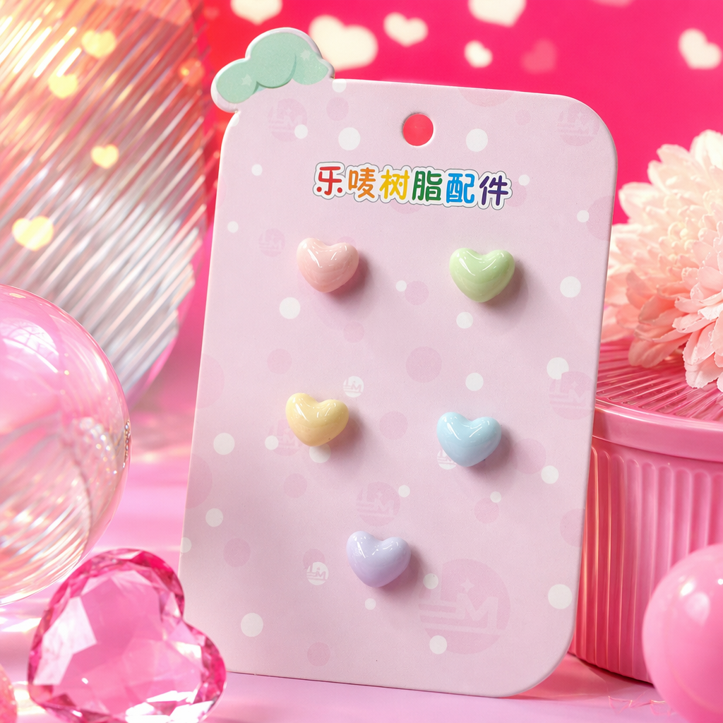 粉色波点卡片+五颗心形树脂配件细节图