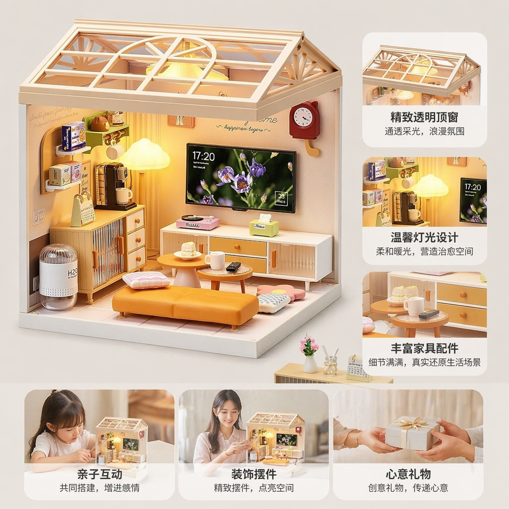 米色屋顶透明玻璃房微型客厅场景模型摆件