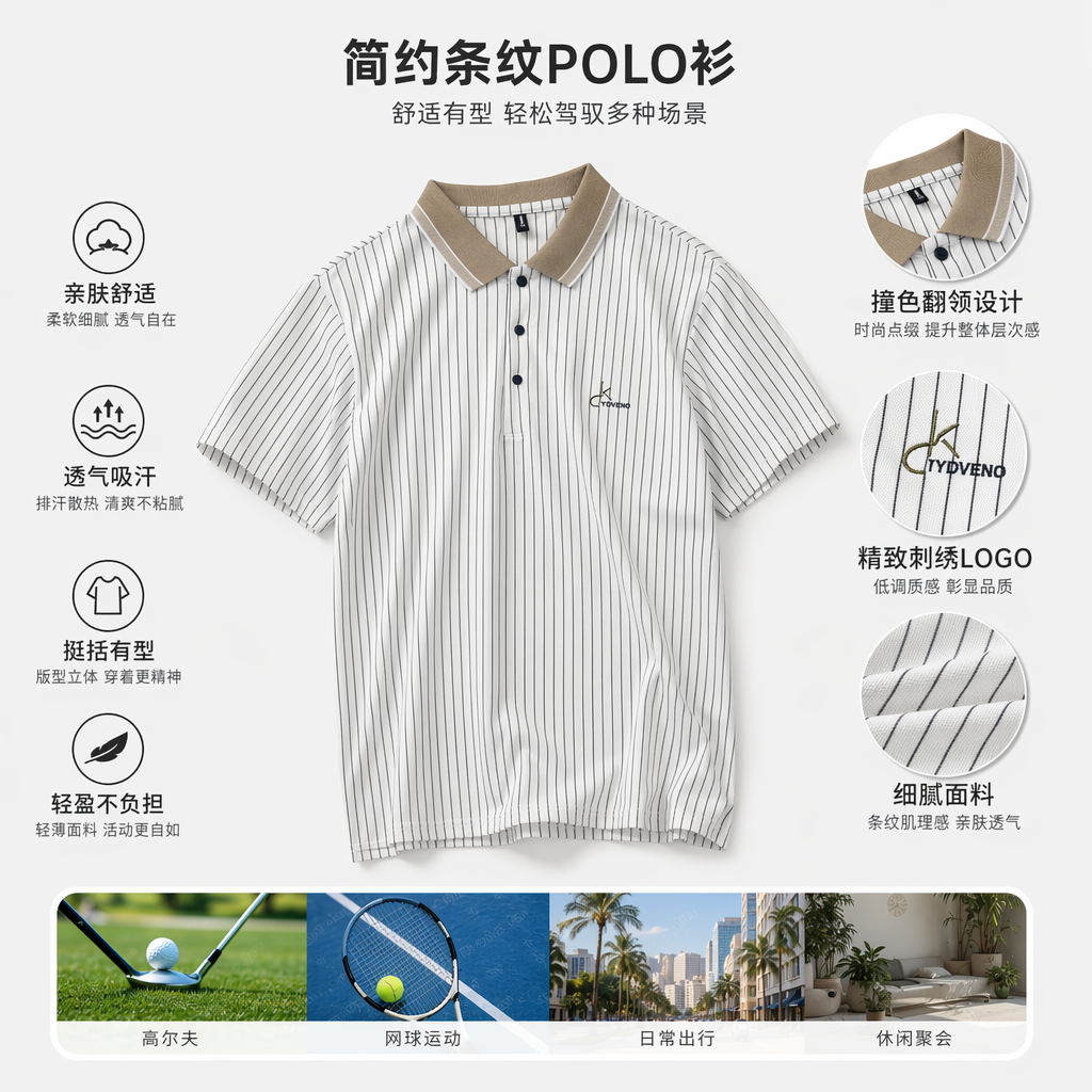 白底竖条纹Polo衫男纯棉短袖休闲上衣