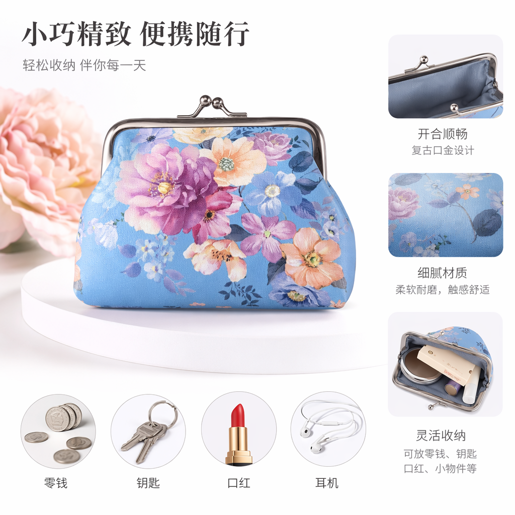 蓝色花卉图案零钱包 女士小巧便携纯色内衬简约时尚